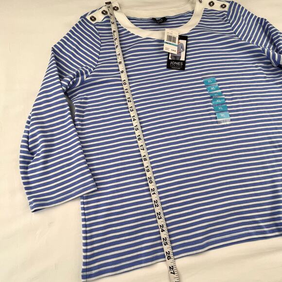 FLEUR | NWT XL Blue White Striped 3/4 Sleeve Button Crew Neck Shirt Top - Picture 6 of 7